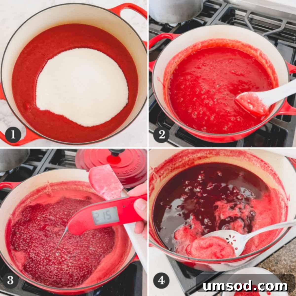 Effortless Pectin-Free Raspberry Jelly 4 Step by step photos of making raspberry jelly.