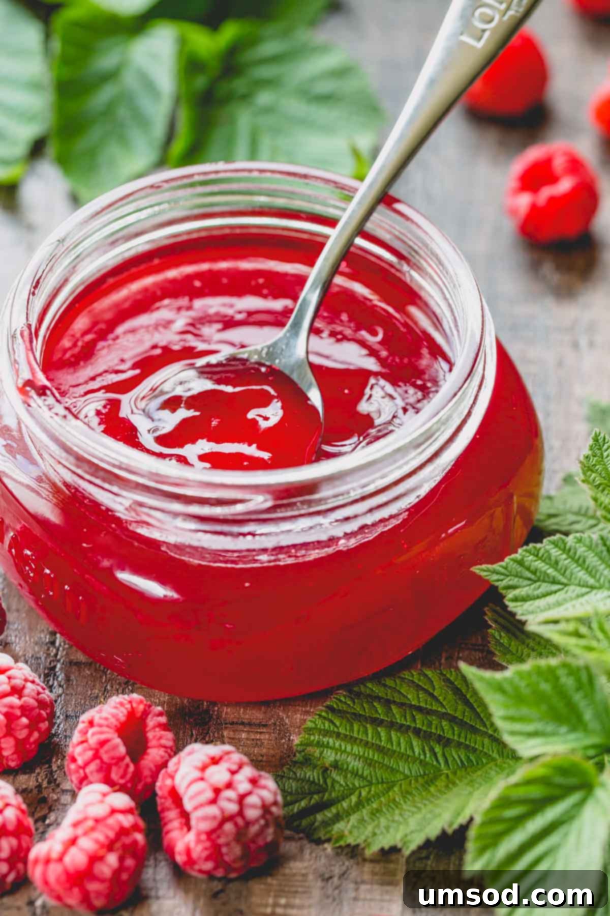Effortless Pectin-Free Raspberry Jelly 7 A glass jar of raspberry jelly with a spoon dip in it.