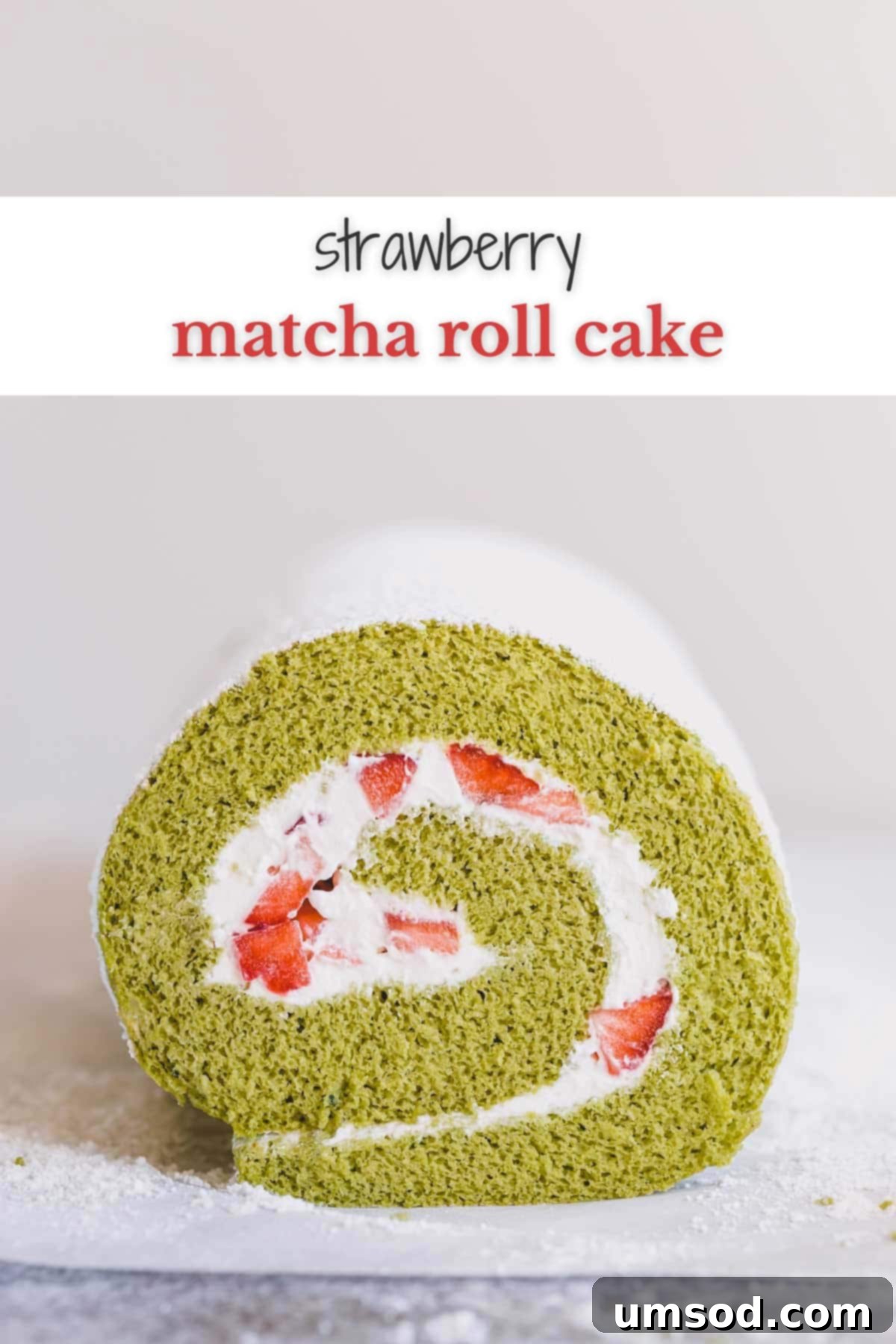 Matcha Strawberry Swirl Cake 2 Green tea roll cake filled with whipped cream and strawberries.