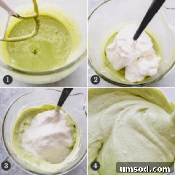 Matcha Strawberry Swirl Cake 5 Step by step photos of making the green tea cake batter.
