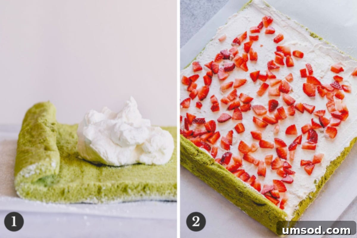 Matcha Strawberry Swirl Cake 7 Side by side images of filling matcha sponge cake with whipped cream and chopped strawberries.