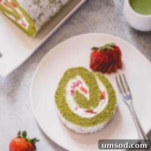 Matcha Strawberry Swirl Cake 9 A slice of strawberry matcha roll cake on a white serving plate.