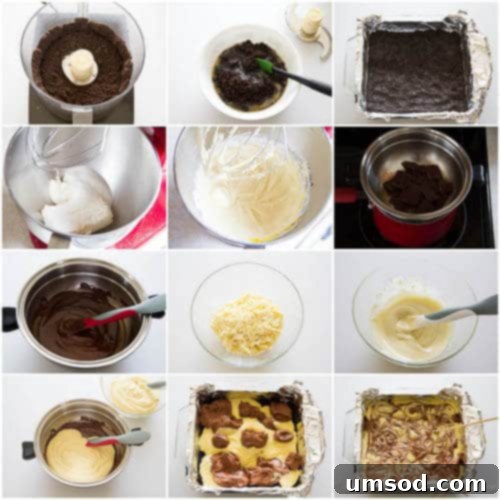 Decadent Triple Chocolate Cheesecake Bars 4 Step-by-step image of making Triple Chocolate Cheesecake Bars, showing the chocolate swirl