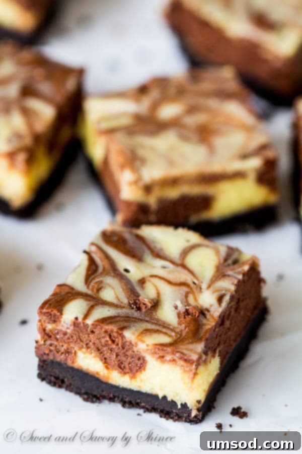 Decadent Triple Chocolate Cheesecake Bars 5 Delicious Triple Chocolate Cheesecake Bars cut into squares, ready to serve