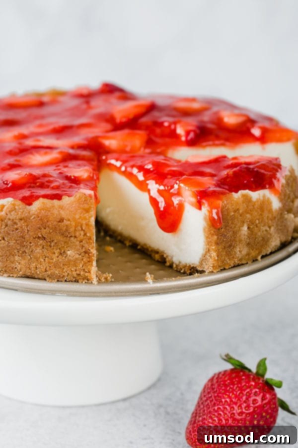 Irresistibly rich and creamy Instant Pot cheesecake adorned with a generous drizzle of fresh strawberry sauce. This easy cheesecake is made quick and easy in an Instant Pot! #easycheesecake #instantpotdessert #instantpotcheesecake #cheesecake