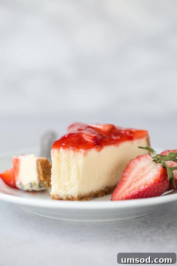 A vibrant, delicious Instant Pot cheesecake ready to be topped with fresh fruit. Did you know you can make cheesecake in Instant Pot? Yes, you can! And it's totally worth it! #easycheesecake #instantpotdessert #instantpotcheesecake #cheesecake