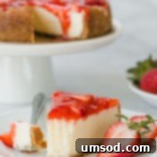 A close-up of the delicious Instant Pot cheesecake ready to be served.