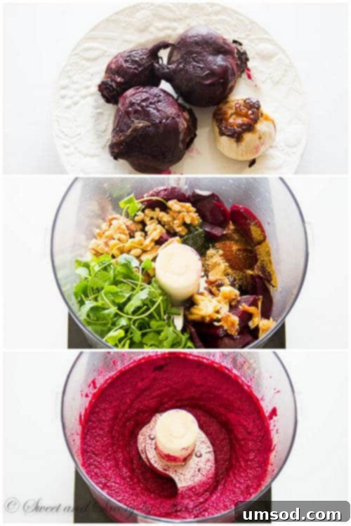 A visual step-by-step guide illustrating the preparation of roasted beet dip, from raw ingredients to blending.