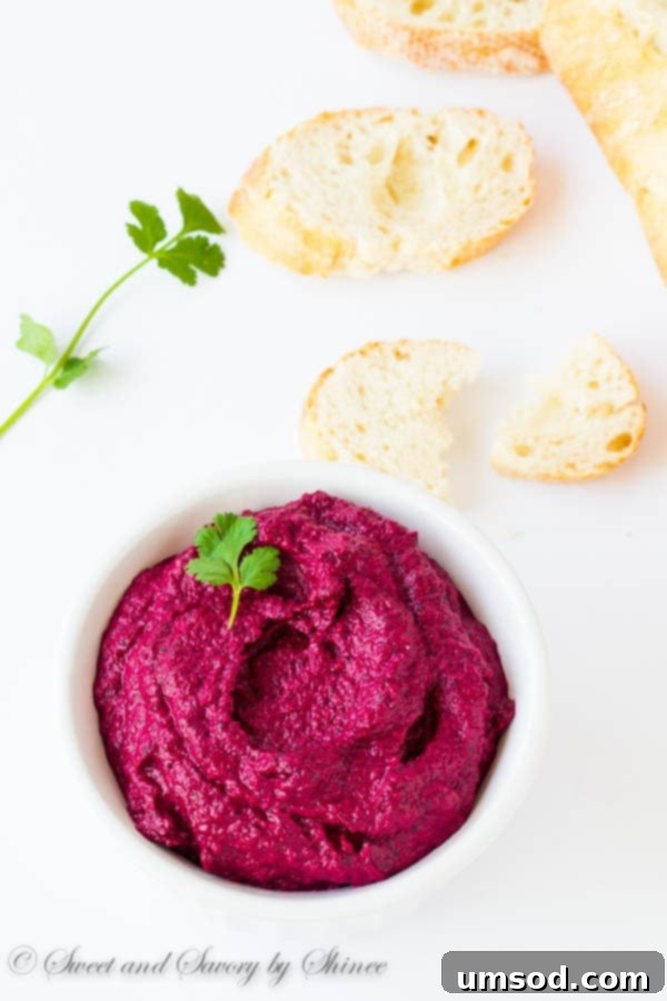 A beautiful presentation of roasted beet dip in a serving bowl, accompanied by an assortment of baguette slices and tortilla chips.