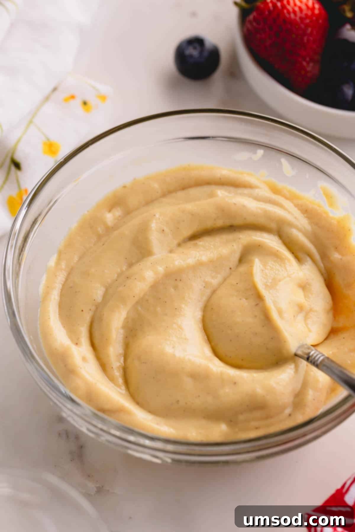 A bowl of homemade vanilla pudding.