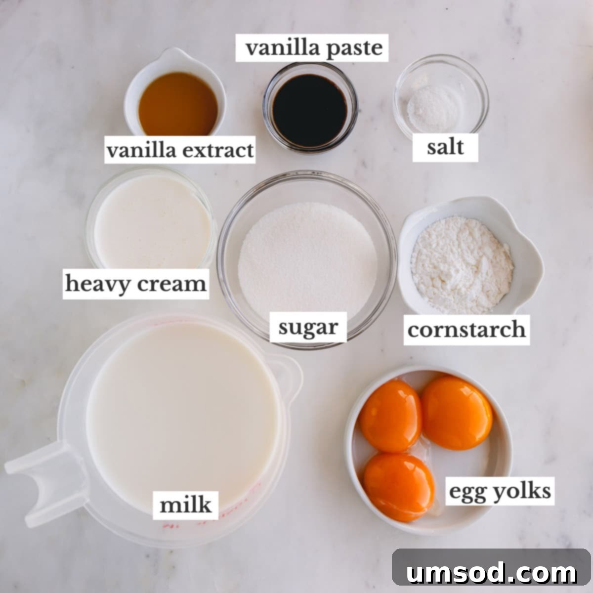 Ingredients to make homemade vanilla pudding.