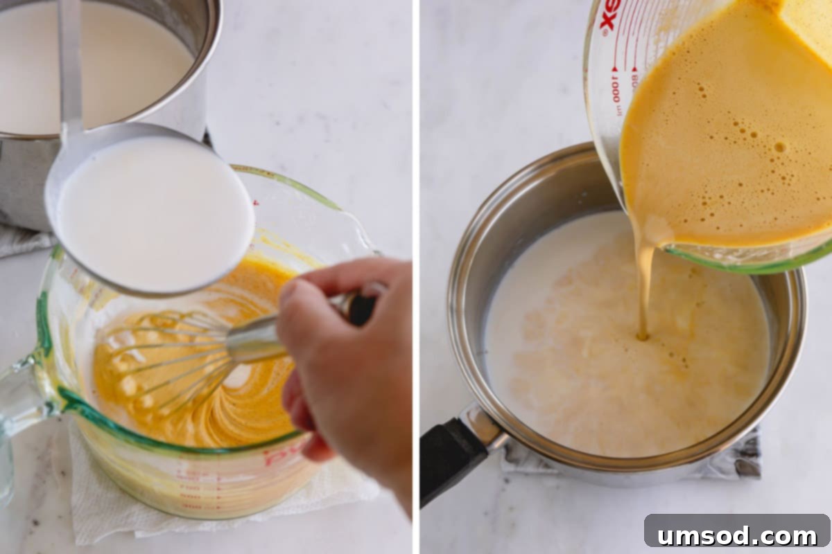 An egg mixture being tempered with milk in a saucepot.