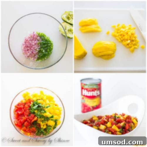 Step-by-step image showing how to dice a mango for fresh salsa