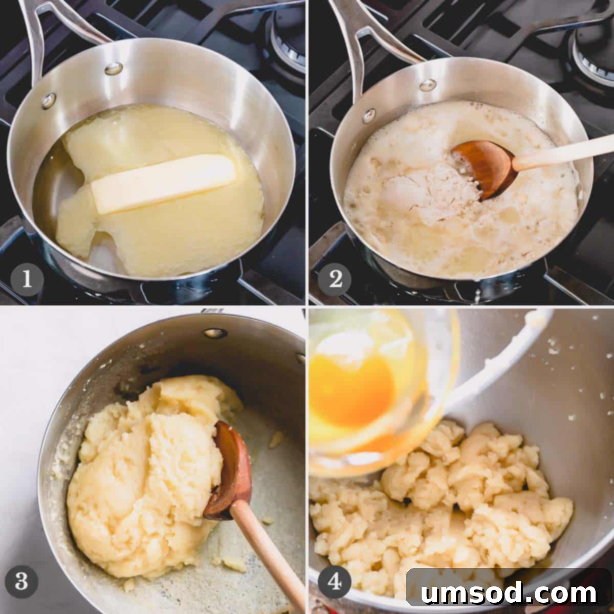 Decadent Chocolate Eclairs 6 A series of step-by-step photos illustrating the process of making eclair dough, from combining ingredients to forming the panade.