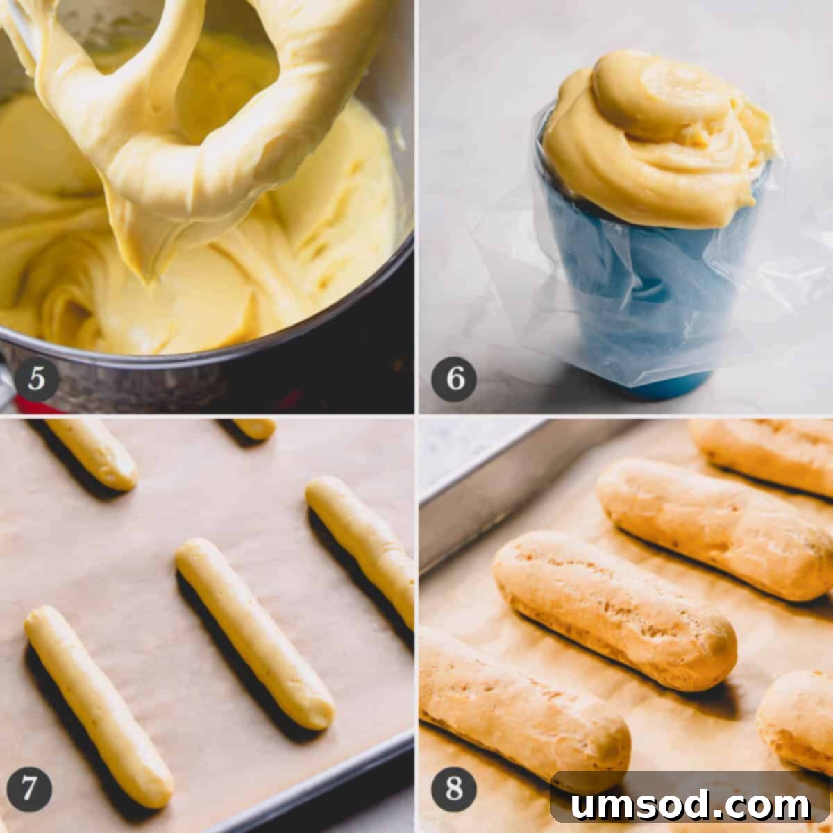 Decadent Chocolate Eclairs 7 Step-by-step photos depicting the process of piping eclair shells onto a baking sheet and their transformation after baking.