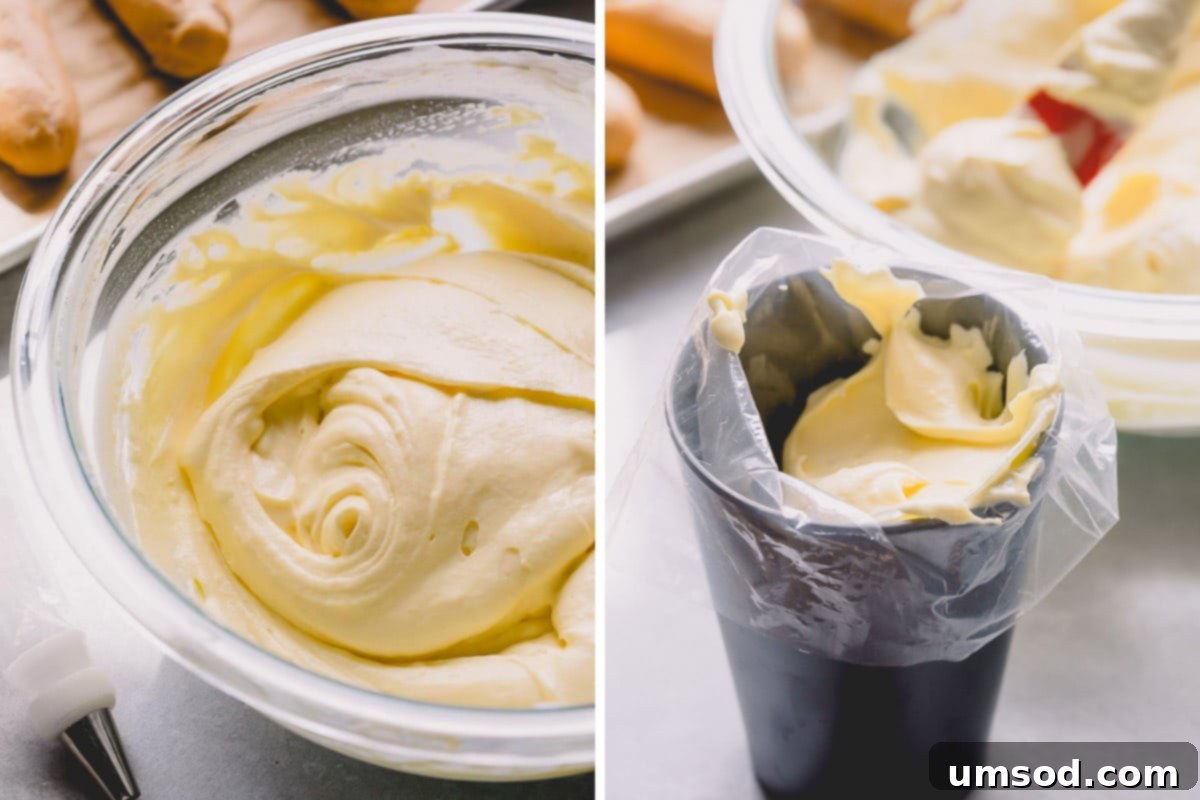 Decadent Chocolate Eclairs 8 Two side-by-side photos showcasing the smooth texture of freshly made pastry cream.