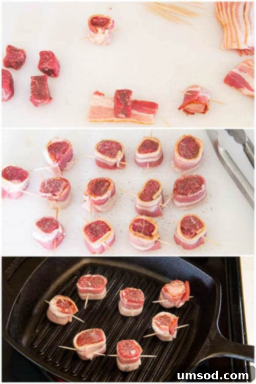 Elegant Filet Mignon Medallions 4 Step-by-step photo tutorial showing how to wrap beef tenderloin in bacon