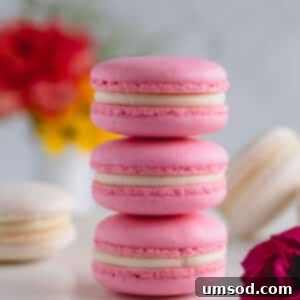 Foolproof Macarons for First-Timers 22 3 pink macarons stacked on top of each other.