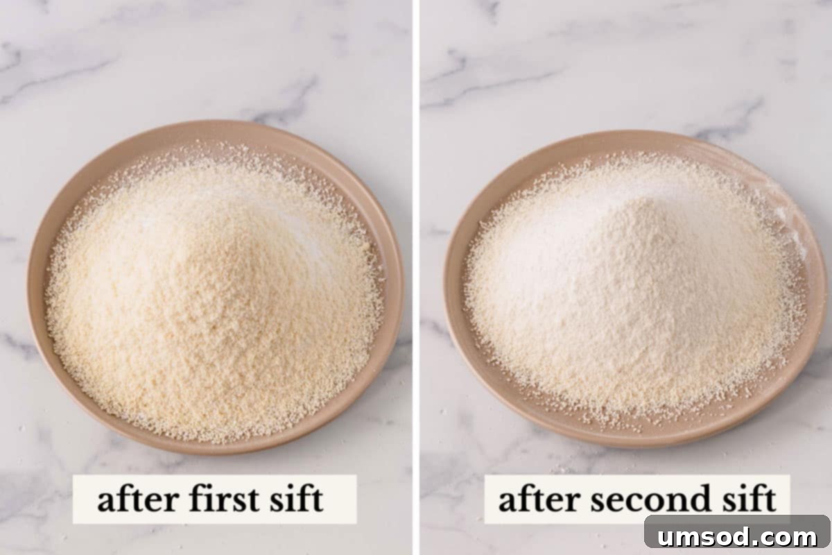 Foolproof Macarons for First-Timers 6 Side by side images of sifted almond flour and powdered sugar mixture after 1st and 2nd sift.