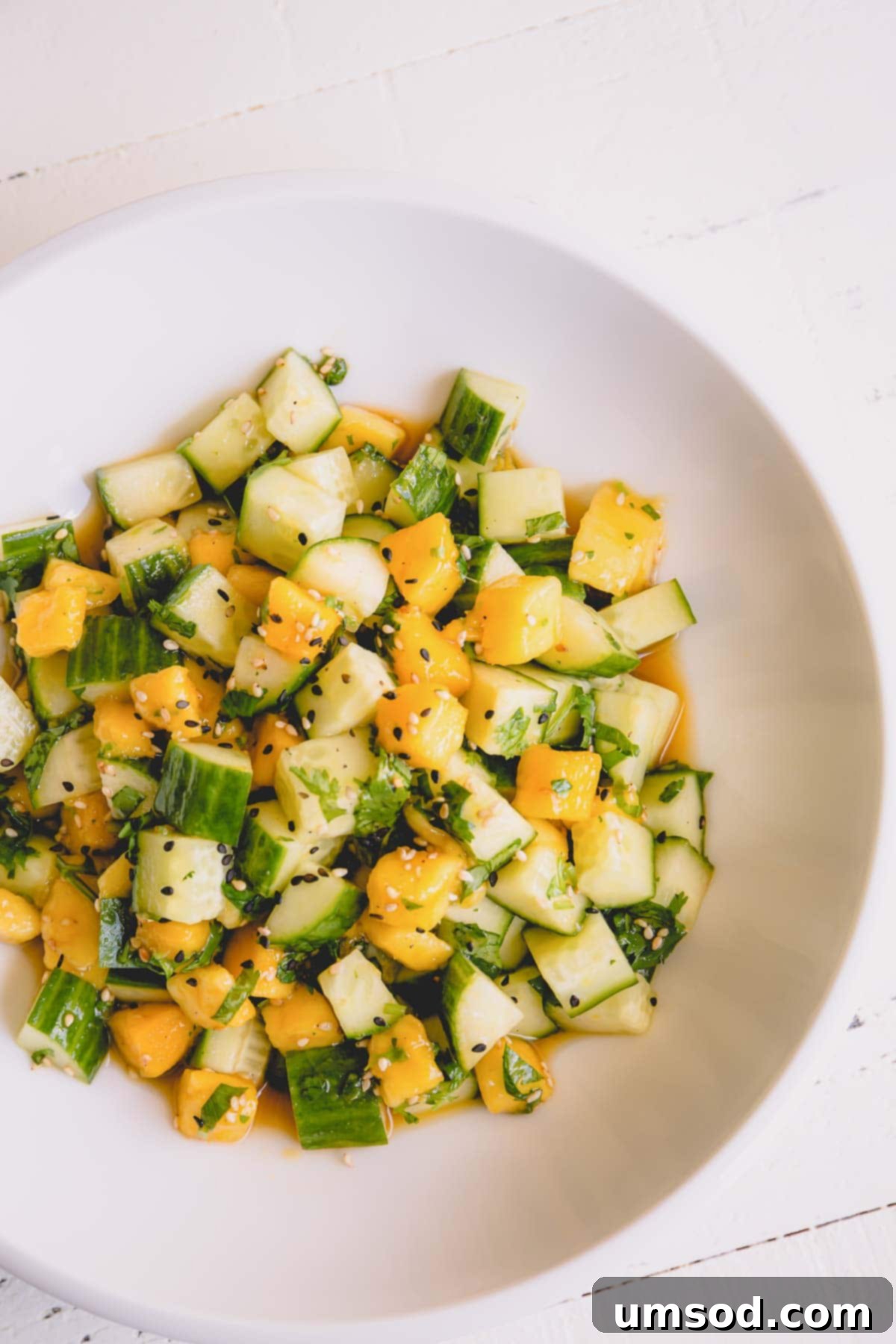 Cucumber mango salad in a white serving plate, garnished with fresh cilantro.