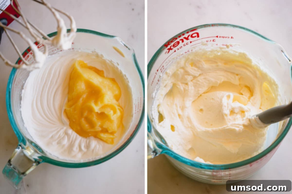 Zesty Lemon Cloud Puffs 12 Lemon curd being gently mixed into whipped cream to create the filling.