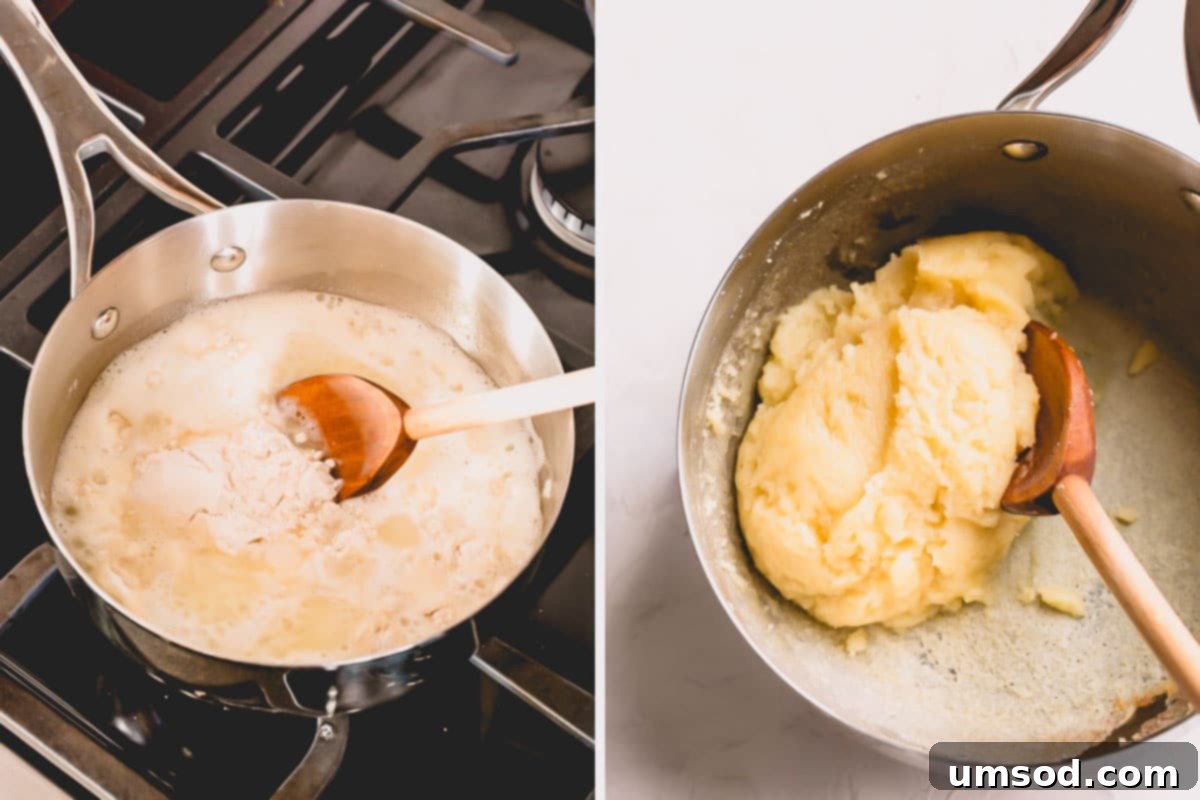 Zesty Lemon Cloud Puffs 5 Dough ingredients being combined and cooked in a pot on the stove, forming a ball.