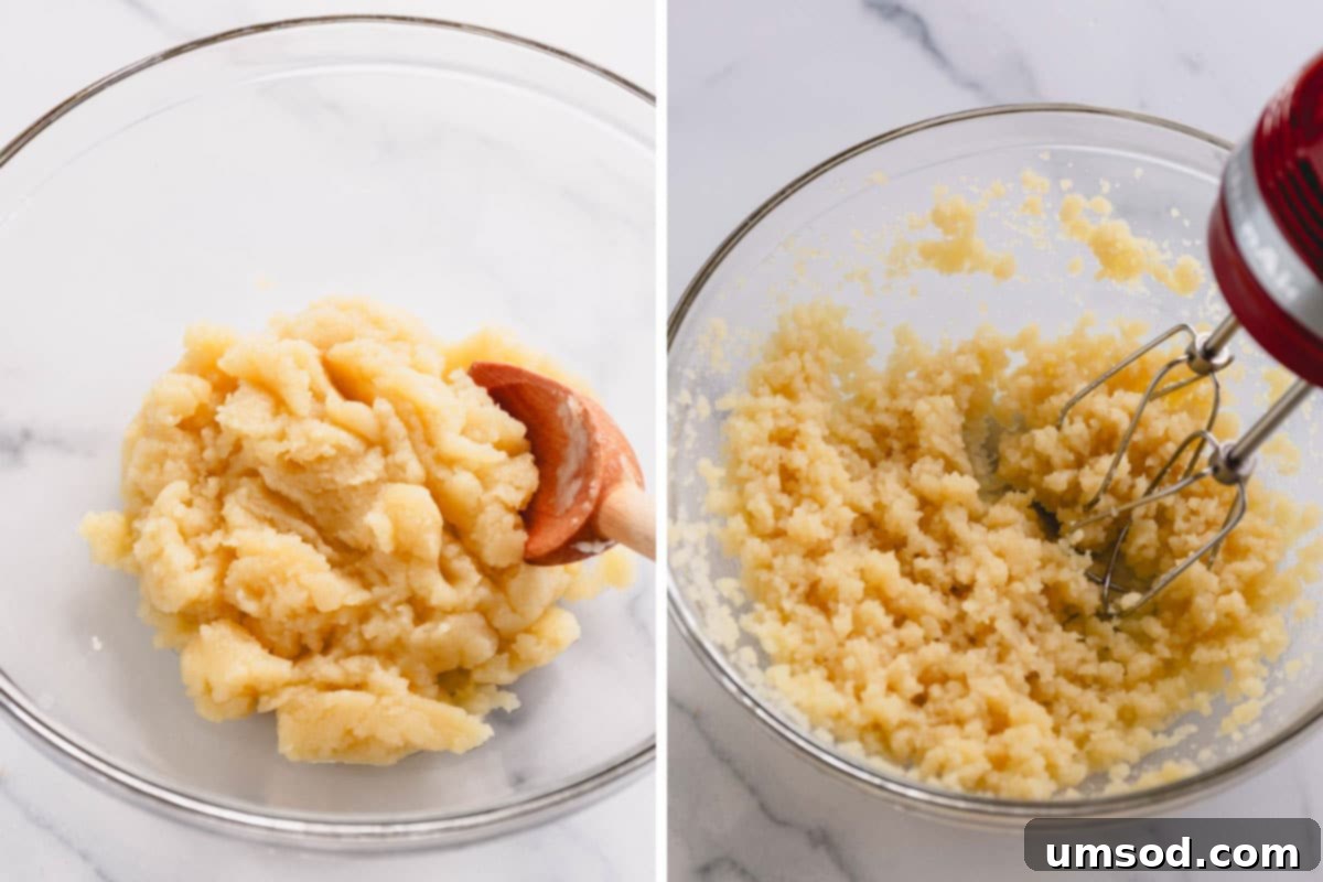 Zesty Lemon Cloud Puffs 6 Pastry dough being mixed in a bowl of a stand mixer, cooling down.