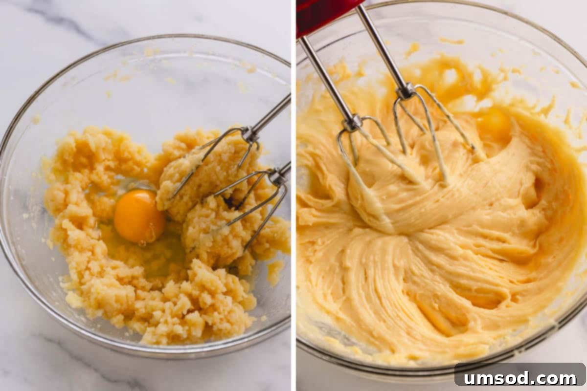 Zesty Lemon Cloud Puffs 7 Eggs being beaten into pastry dough in a mixer, next to a piping bag filled with dough.