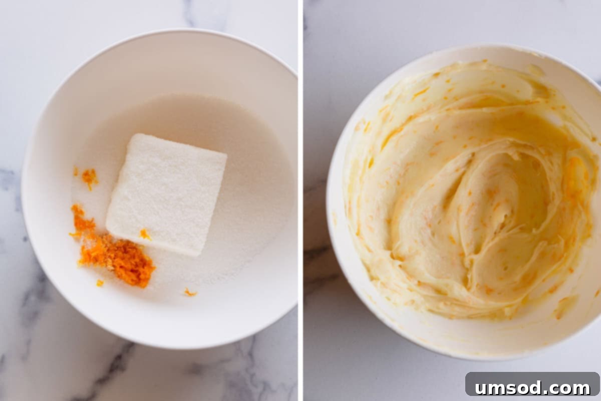 Blueberry Cheesecake Swirl Muffins 5 Side by side images showing the process of making cheesecake filling.