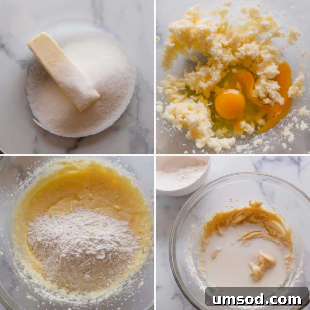 Blueberry Cheesecake Swirl Muffins 6 Step by step photos showing the process of making muffin batter.