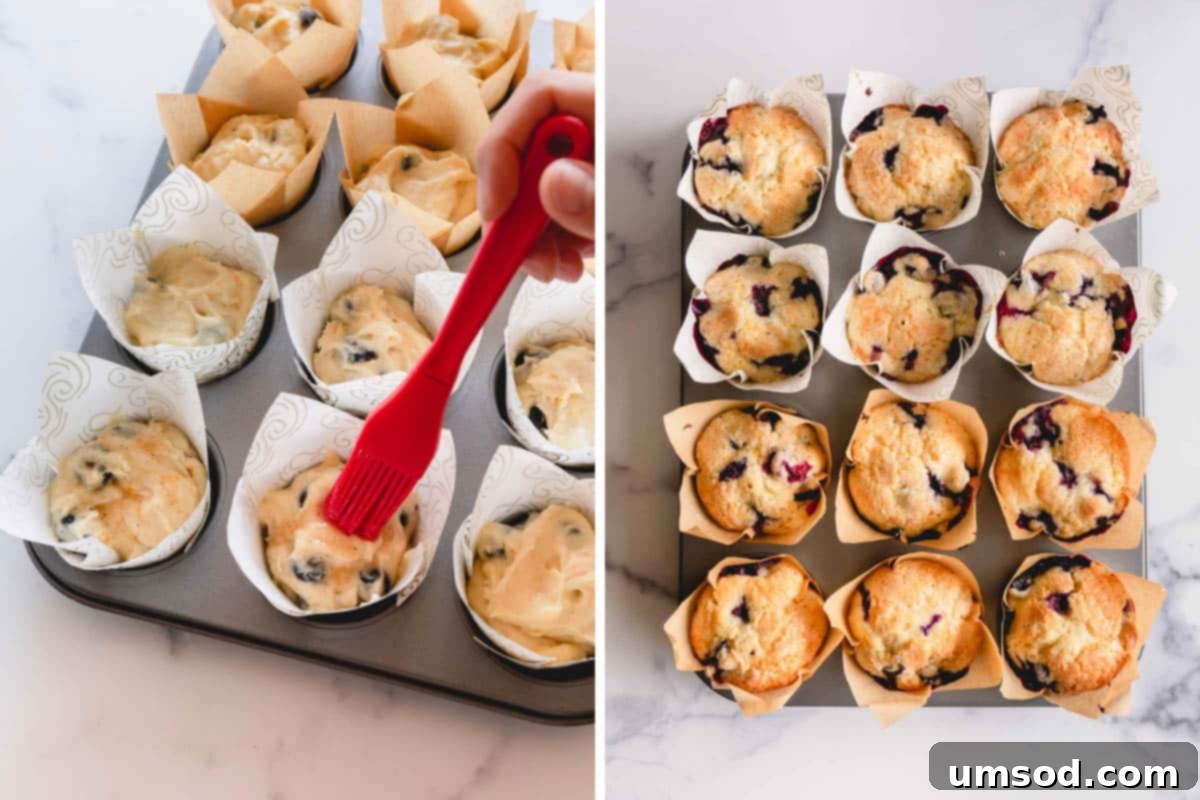 Blueberry Cheesecake Swirl Muffins 8 Side by side images of brushing on sugar glaze on unbaked muffins and baked muffins.