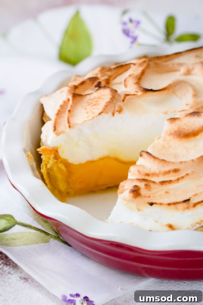 Zesty Lemon Cloud Pie 11 A classic lemon meringue pie with a perfect golden meringue and a slice removed, revealing the vibrant lemon filling.
