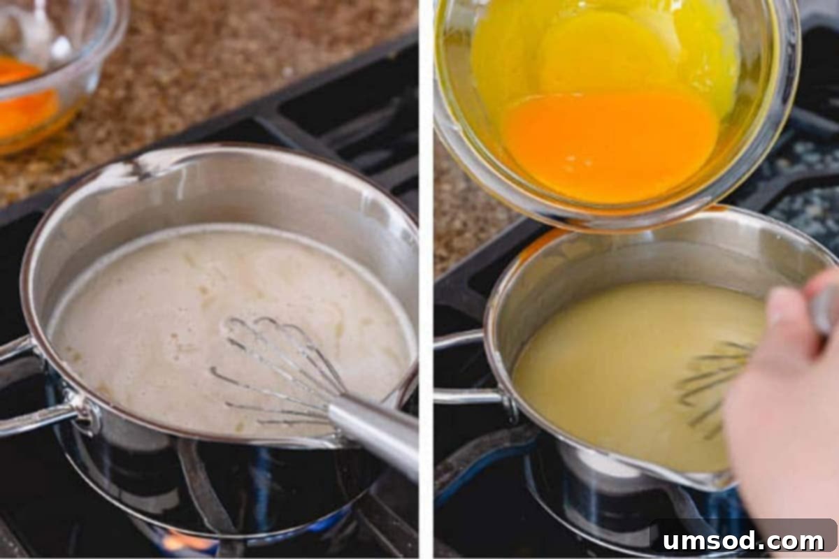 Zesty Lemon Cloud Pie 7 Side-by-side images demonstrating the process of cooking lemon juice and tempering egg yolks for the lemon curd filling.