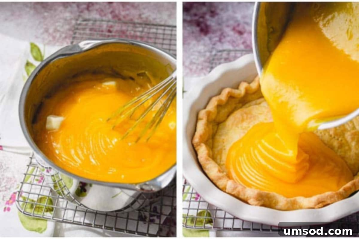 Zesty Lemon Cloud Pie 8 Side-by-side images showing the final steps of stirring butter into lemon curd filling and pouring the hot filling into the pre-baked pie crust.