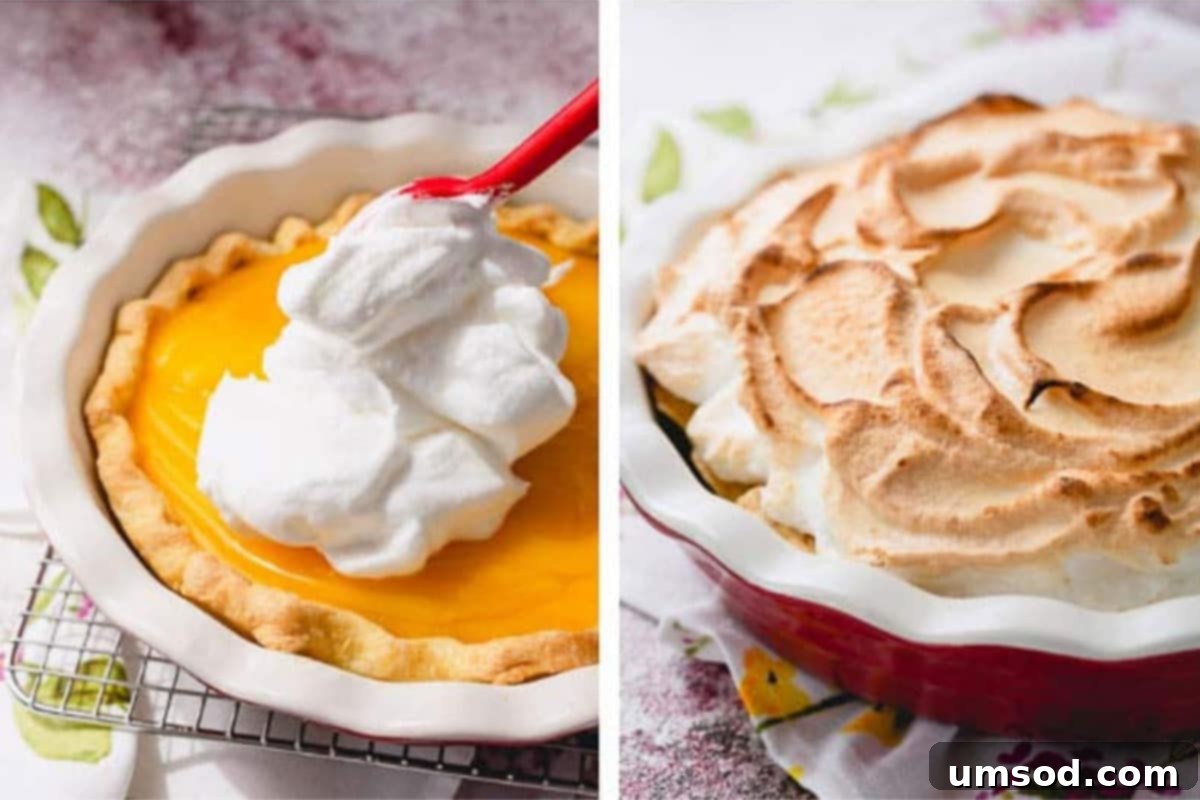 Zesty Lemon Cloud Pie 9 Side-by-side images illustrating the process of topping the lemon pie with meringue and the final appearance of the beautifully toasted meringue on the finished pie.