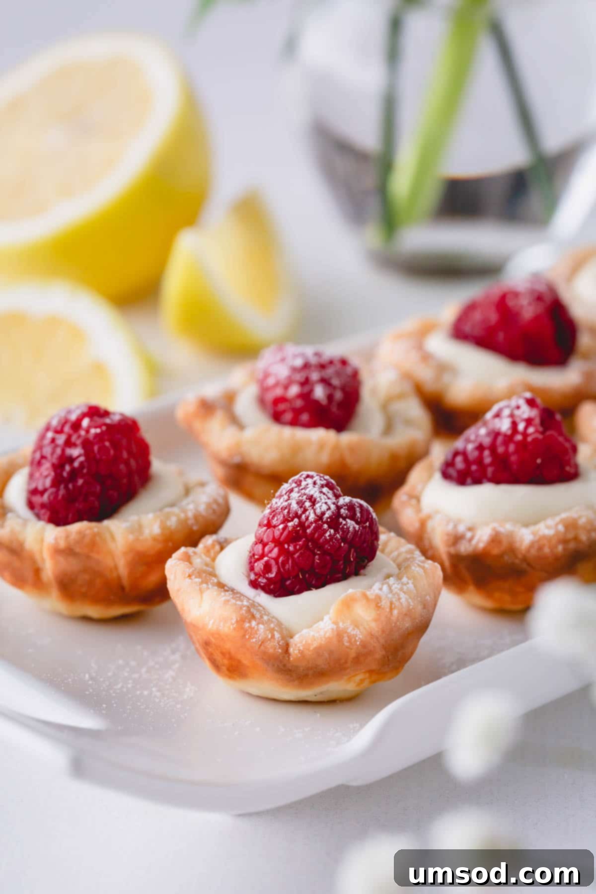 Zesty Raspberry Lemon Mini Tarts 2 Exquisitely arranged raspberry lemon tartlets on a rectangular serving platter, showcasing their vibrant colors and perfect individual portions.