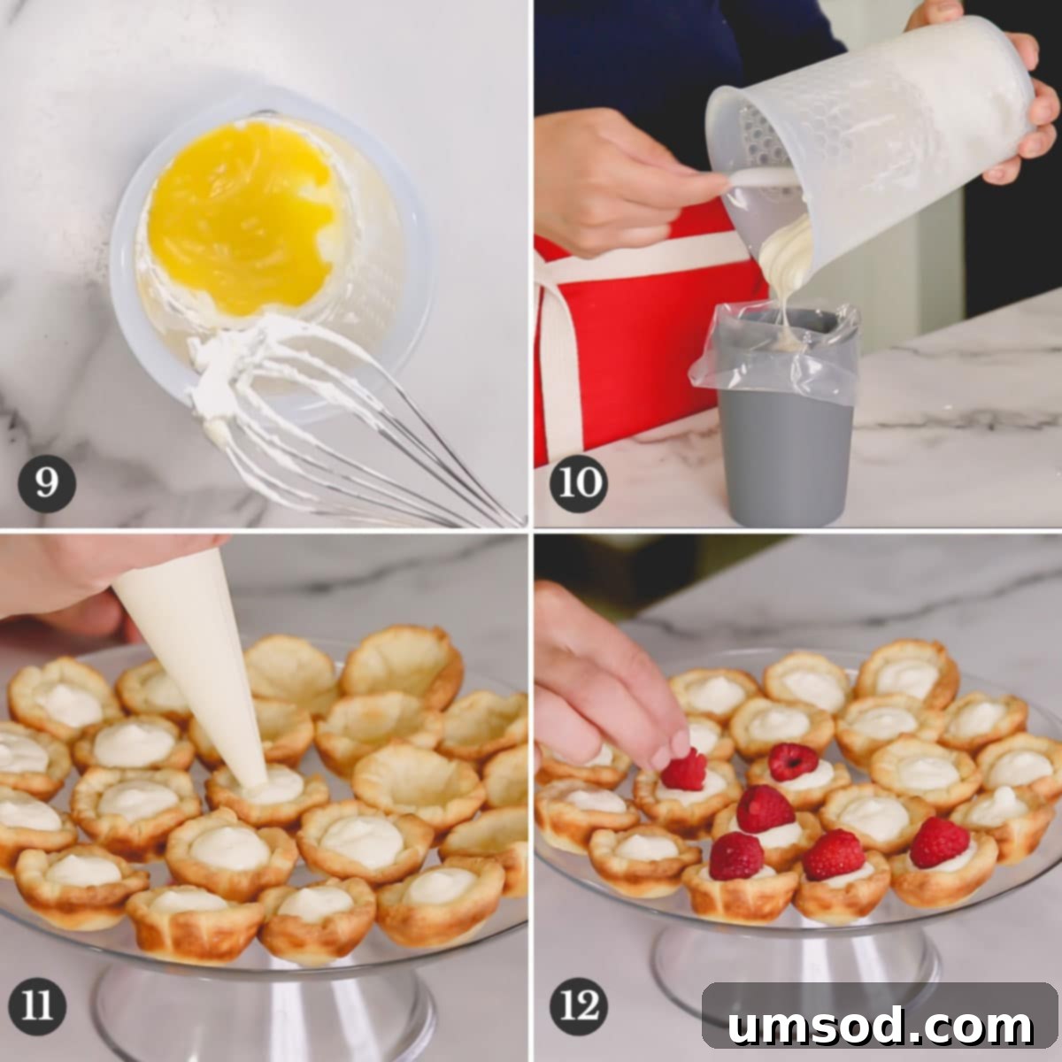 Zesty Raspberry Lemon Mini Tarts 6 Step-by-step photos demonstrating the creation of lemon whipped cream and the final filling of the mini tart shells.