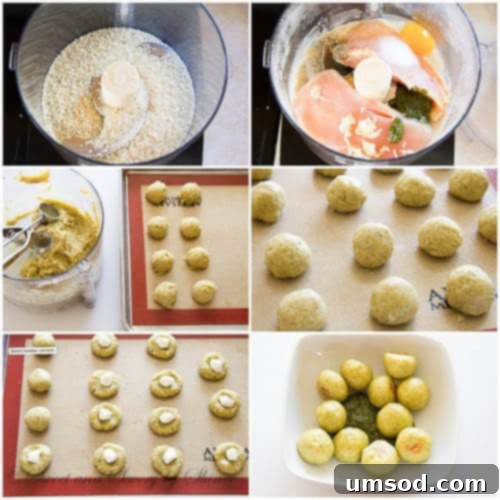 Cheesy Pesto Chicken Meatballs 4 Step-by-step photo tutorial for making pesto mozzarella chicken meatballs, showing the mixture.