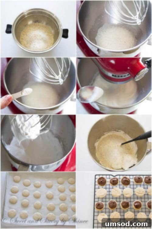 Decadent Chocolate Hazelnut Macarons 4 Step-by-step photo tutorial for making chocolate hazelnut macarons, showing the piping process.