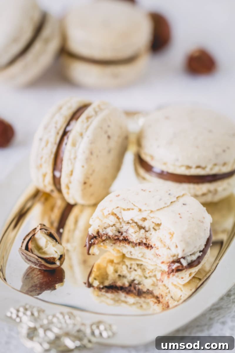 Decadent Chocolate Hazelnut Macarons 5 A stack of finished chocolate hazelnut macarons, revealing their perfectly piped Nutella filling.