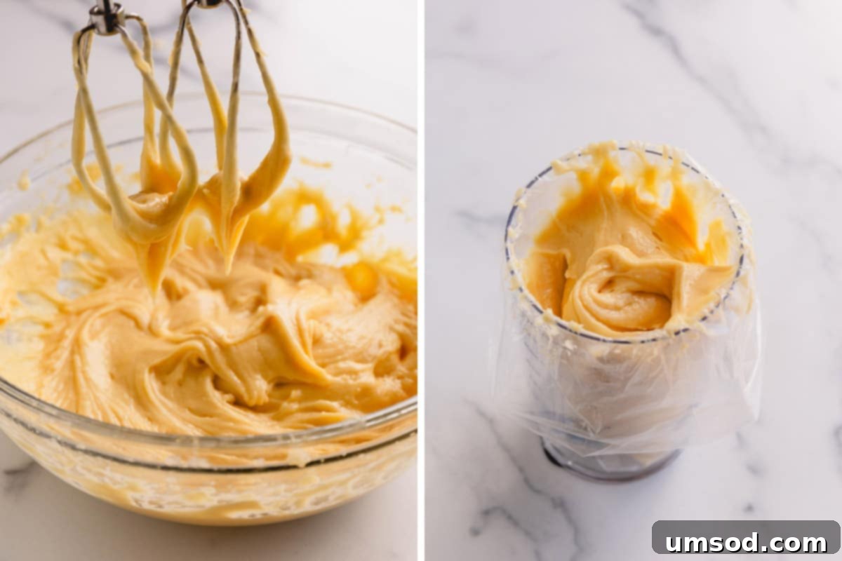 A stand mixer with finished choux pastry dough on its paddle attachment, alongside a piping bag ready for use.