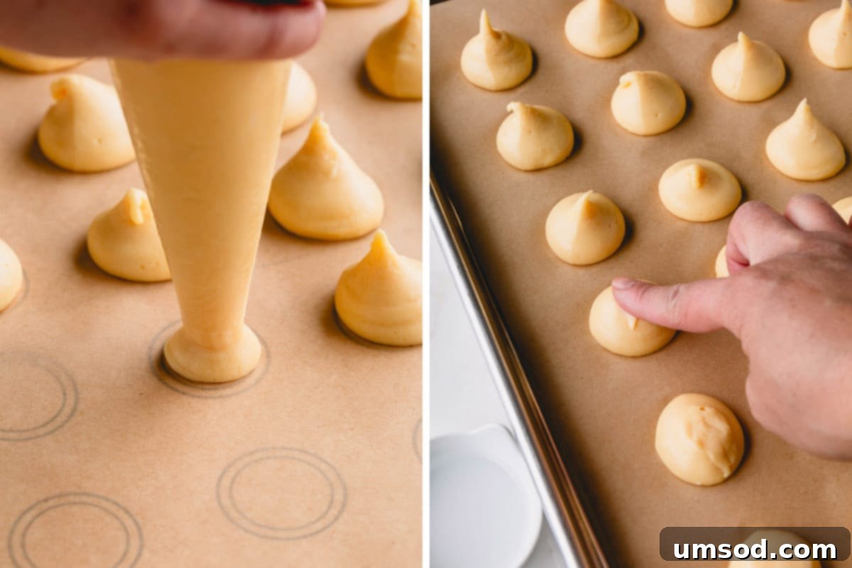 Profiteroles dough being piped onto a baking sheet and then gently flattened with a wet fingertip.