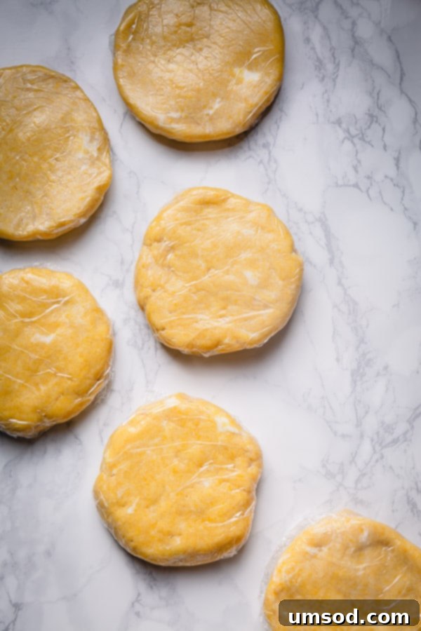 Six homemade pie dough discs individually wrapped in plastic on a marble countertop, ready for refrigeration or freezing.