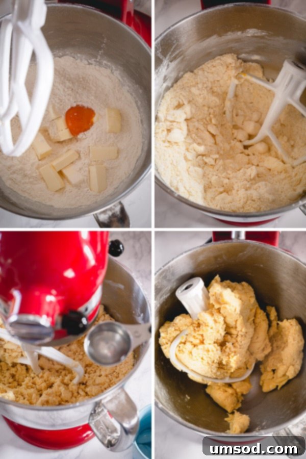 A four-image collage demonstrating the step-by-step process of making pie dough in a stand mixer, from combining ingredients to forming clumps.