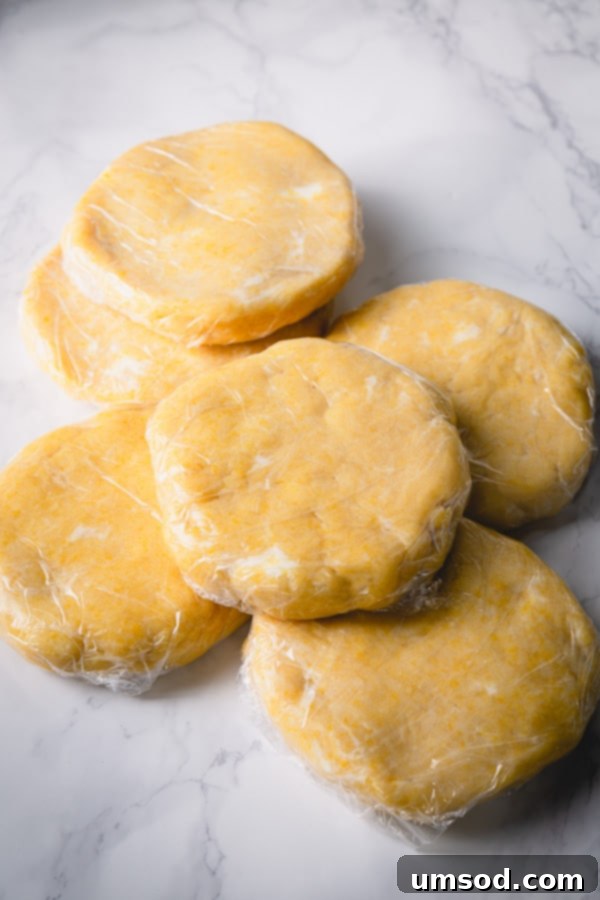 Two round pie dough discs tightly wrapped in plastic wrap, resting on a marble surface, ready for chilling.