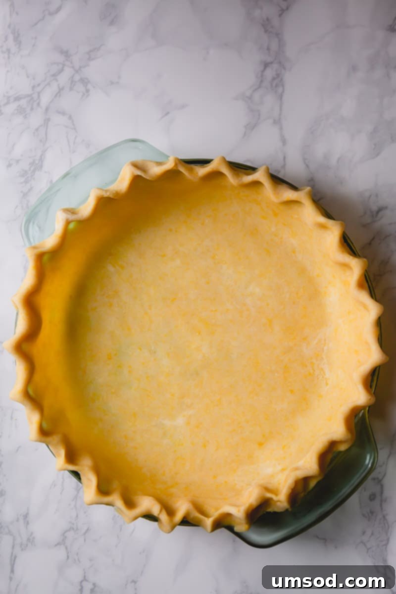 A pie crust made with butter, featuring visible butter streaks and marbling, indicating its potential for flakiness.