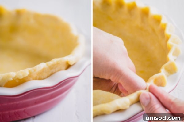 A visual guide demonstrating the three-finger crimping technique for pie dough edges, creating a classic fluted design.