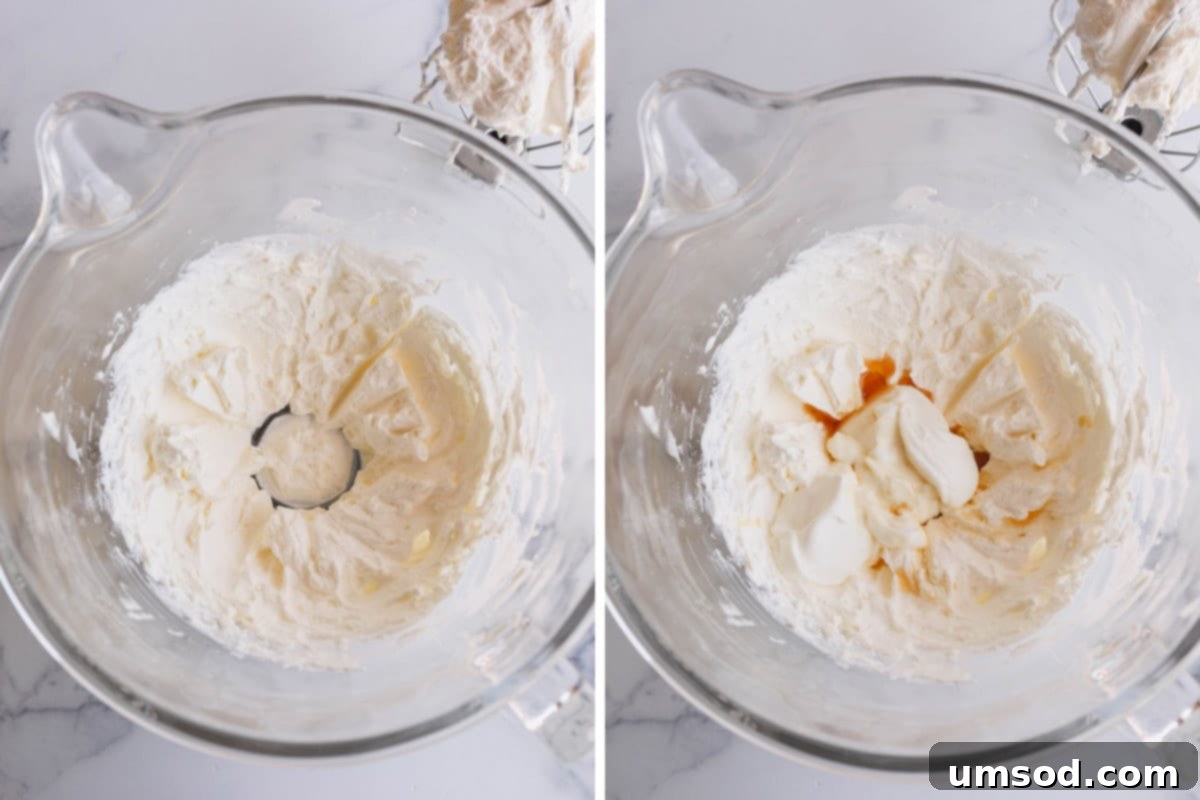 Side-by-side images showing the process of making homemade whipped cream using an electric hand mixer, from liquid cream to stiff peaks, illustrating key steps.