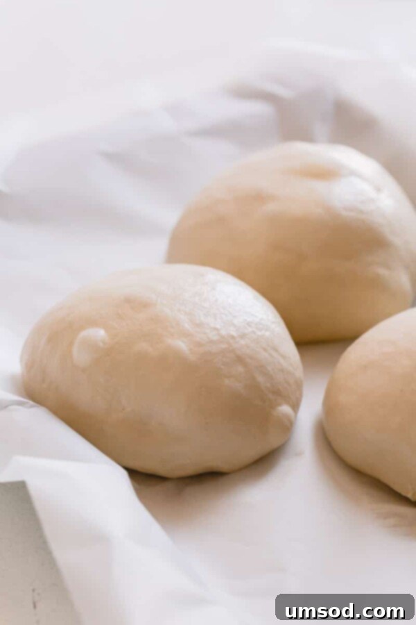 Slow-Roasted Tomato and Melted Cheese Pizza 6 A close-up of pizza dough being gently stretched and shaped by hands, demonstrating the preparation step.