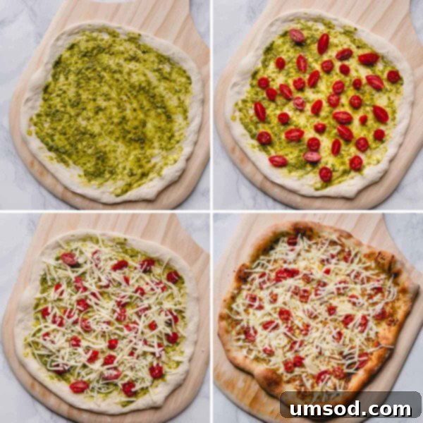 Slow-Roasted Tomato and Melted Cheese Pizza 7 A step-by-step photo collage illustrating the process of topping a pizza with pesto, cherry tomatoes, and cheese, followed by the baked result.